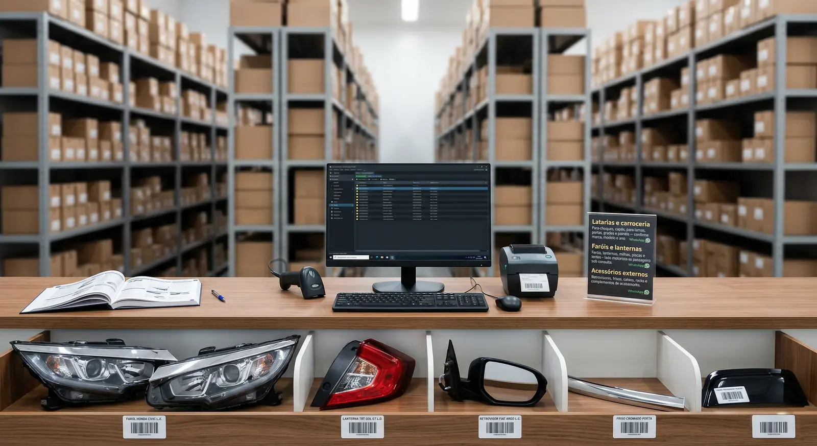 Bancada de atendimento organizada com peças automotivas e etiquetas de identificação