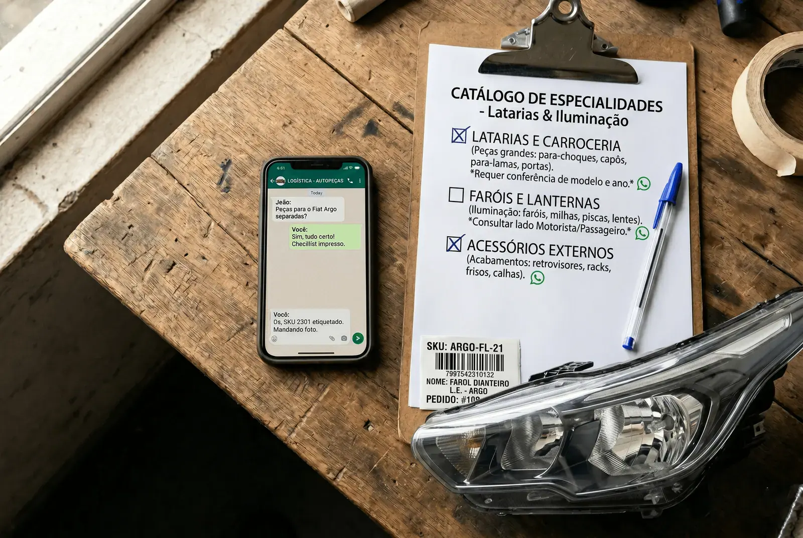 Mão segurando celular com conversa técnica via WhatsApp e peça automotiva ao lado